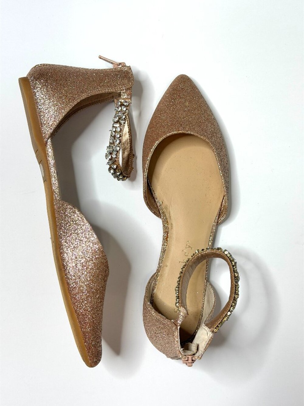 Rose Gold Glittery Jeweled Evening Ballet Flats- Copper Key Size 8.5